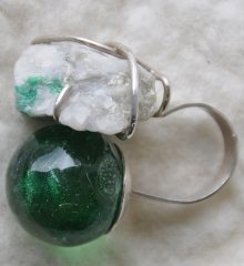 Emerald Raw piece & handmade green glass sphere sterling silver ring